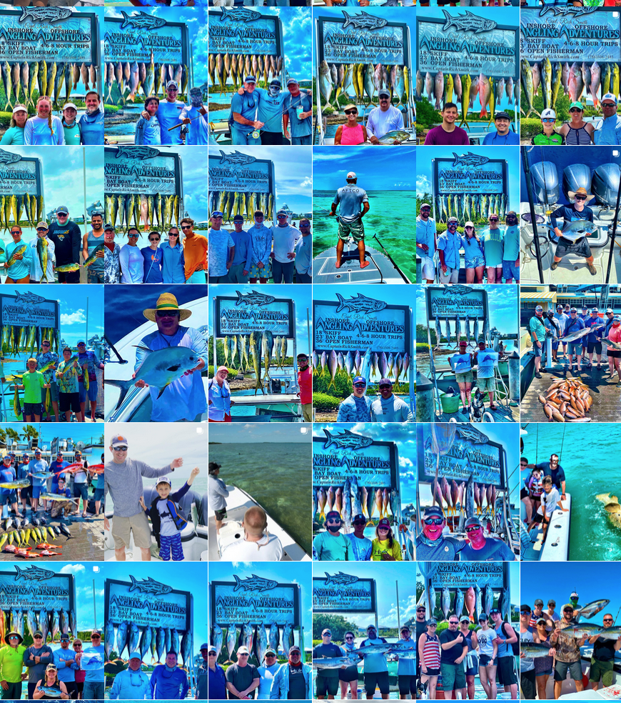 Fishing collage showcasing successful catches with happy customers at Angling Adventures in the Florida Keys, featuring Blackfin Tuna, Mahi Mahi, and Snapper, highlighting the fishing charter experience.