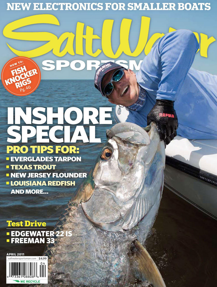 Magazine cover of "Saltwater Sportsman" featuring a smiling angler holding a large fish, with text highlighting fishing tips for various species and a focus on inshore fishing.